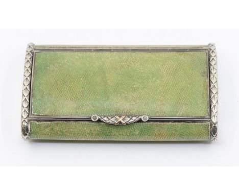 A George V silver mounted shagreen cushion shaped snuff box and cover, criss cross decoration to border, hallmarked by Thomas