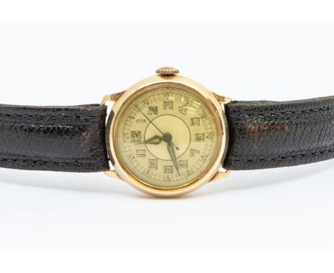 A early 20th century gents 9ct gold wristwatch, comprising a silvered dial, with painted lume Arabic hour markers and lume in