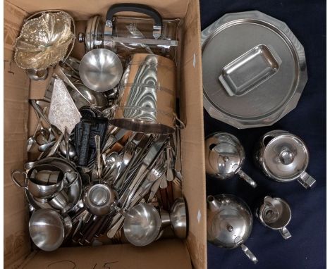 A collection of mixed silver plated and stainless steel wares to include; a Victorian style plated sugar basket, a 20th centu