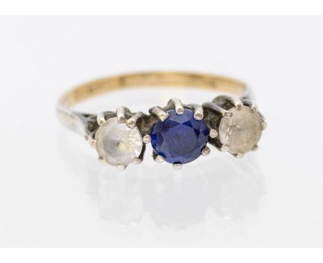 A 9ct gold three stone ring, comprising blue and white stones, platinum setting, size K1/2, total gross weight approx 1.9gms 