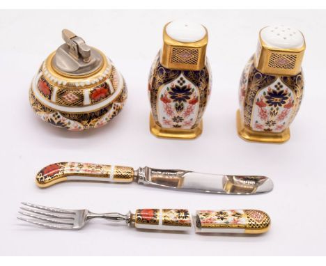 Royal Crown Derby 1128 Imari salt and pepper pot, 1st quality 1128, Imari desk lighter, 2nd quality, and knife and fork (A/F)