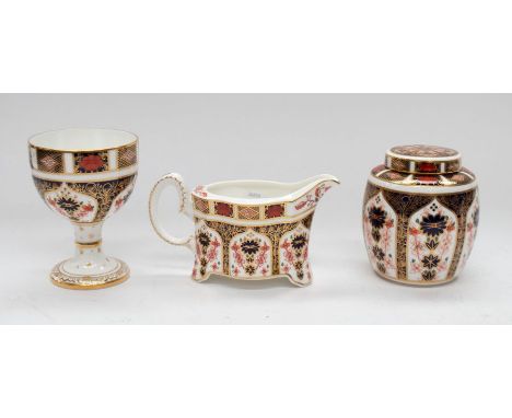 Royal Crown Derby 1128 Imari goblet, 1st quality, 1128 Imari tea caddy, 1st quality and 1128 Imari sauce boat, 2nd quality