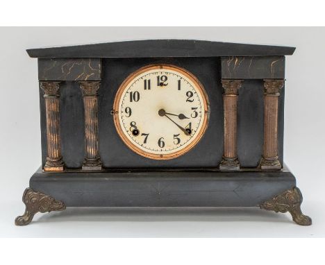 Large pine wall clock and an early 20th century mantel clock&nbsp;CONDITION:Wall clock disposed of owing to live woodworm
