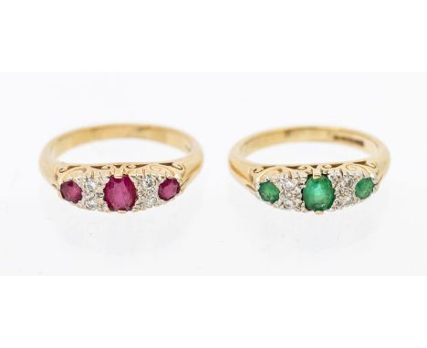 A pair of similar stone set 9ct gold rings, comprising a ruby and diamond three stone ring, set with three graduated rubies a