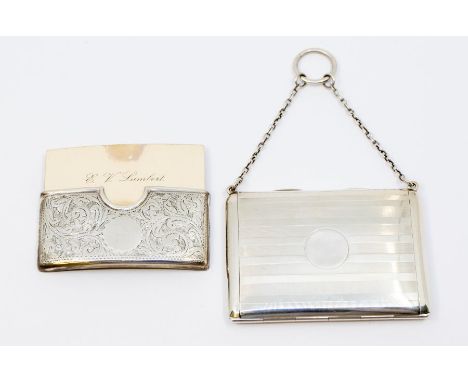 An Edwardian silver rectangular calling card case, Regency stripe engraved decoration, central vacant cartouche, on suspensio