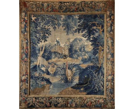 A «Verdure» - Landscape with birds, ruin and river, polychrome wool yarn tapestry, trimming "Sculptures, fruits and flowers",
