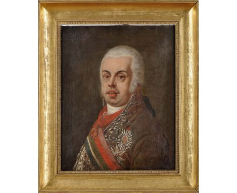 Portrait of D. João VI, Prince regent, oil on canvas, Portuguese school, 19th C. (1st quarter), relined, restorations, Dim. -