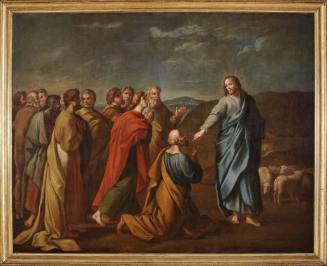 CÍRCULO DE ANDRÉ GONÇALVES - 1685-1762, Christ giving the keys to Saint Peter, oil on canvas, Portuguese school, 18th C. (3rd