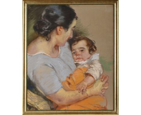 DOMINGOS REBELO - 1891-1975, Portrait of the Artist's Wife, Maria Josefina, with her son Francisco, pastel on paper, signed a