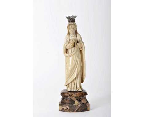 Our Lady of Calvary, ivory sculpture, silver crown, Indo-Portuguese, 17th C. (1st half), minor faults at the extremities, min