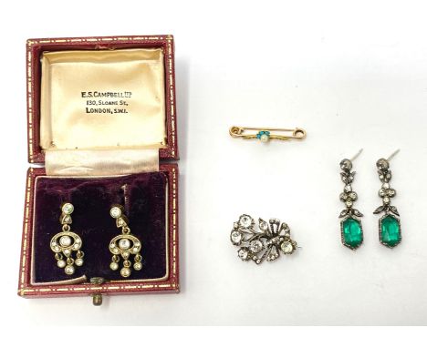 A COLLECTION OF JEWELLERY comprising: a flower turquoise and pearl gold bar brooch, 1900s, a pair of green paste ear pendants