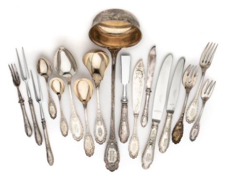 A CANTEEN OF GERMAN TABLE SILVER, KOCH &amp; BERGFELD, BREMEN, CIRCA 1900 the handles with foliage and rocaille surrounding a