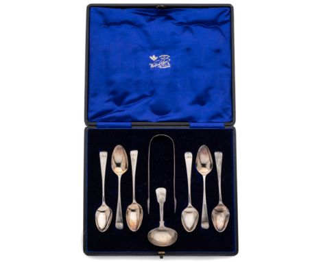 A GROUP OF GEORGIAN SILVER TEASPOONS, ALL LONDON comprising: a set of six Old English pattern, with a pair sugar tongs and a 