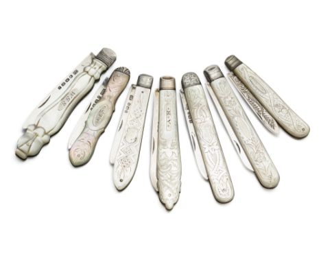 SEVEN SILVER AND MOTHER-OF-PEARL FOLDING FRUIT KNIVES, VARIOUS MAKERS, SHEFFIELD OR BIRMINGHAM, 1857-1910, each with engraved