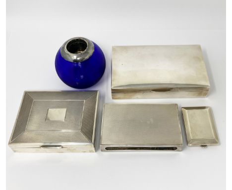 A GROUP OF ENGLISH SILVER, COMPRISING: a rectangular cigarette box, plain, lightly domed lid, cedar lined, Sanders &amp; Mack