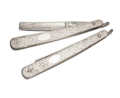 A PAIR OF VICTORIAN SILVER-MOUNTED CUT-THROAT RAZORS, JOHN NOWILL &amp; SONS OF SHEFFIELD, BIRMINGHAM, 1894 the silver sides 