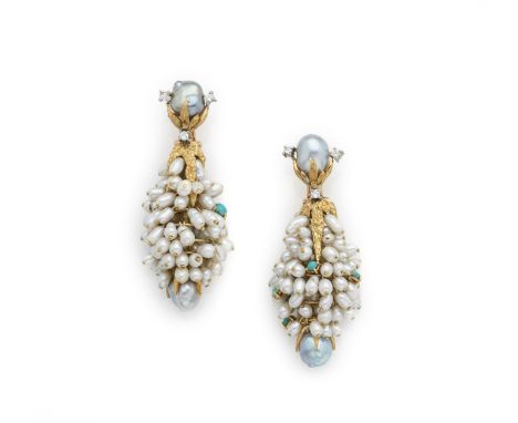 PAIR OF CULTURED PEARL, TURQUOISE AND DIAMOND PENDENT EARRINGS, 1970s each designed as an articulated cluster of fresh water 