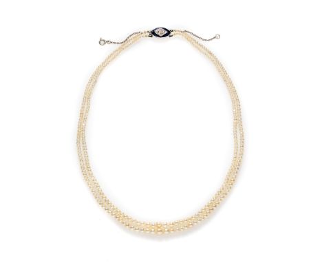 NATURAL SEED PEARL AND DIAMOND NECKLACE composed of two graduated rows of seed pearls, measuring from approximately 2.4mm-5.8