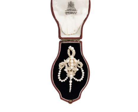SEED PEARL PENDANT/BROOCH, 1860S of scroll cartouche design embellished with garlands and rows of seed pearls, largest pearl 