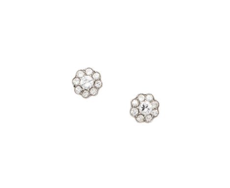 PAIR OF DIAMOND CLUSTER EAR STUDS each ear stud millegrain set with brilliant-cut diamonds, framing a central brillinat-cut d