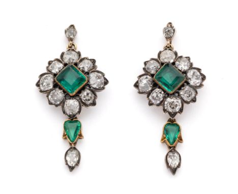 PAIR OF EMERALD AND DIAMOND PENDENT EARRINGS, 1880S each centring on a square emerald within a surround of cushion-shaped dia