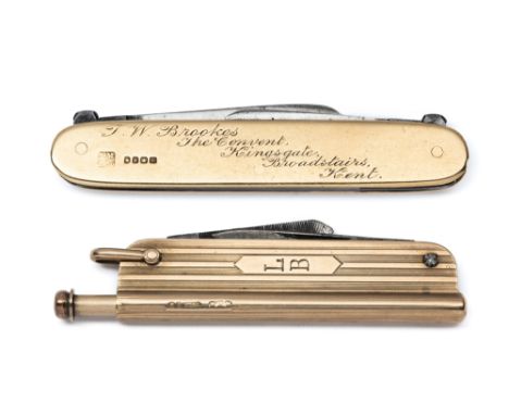 AN EDWARDIAN GOLD-MOUNTED PENKNIFE, SAMPSON MORDAN &amp; CO., LONDON, 1901 with plain gold elongated oval side panels, one in
