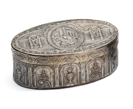 ‡ ~ A FRENCH SILVERED COPPER SNUFF BOX, PARIS, CIRCA 1770oval, stamped with a variety of foliate and architectural motifs, gi