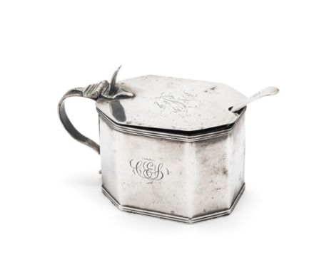 A GEORGE III SILVER MUSTARD POT, JAMES DARQUITS, LONDON, 1794 elongated octagonal, with reeded rims and scroll handle, engrav