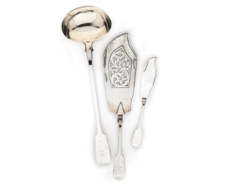 THREE VICTORIAN SILVER SERVING PIECES, A.B. SAVORY &amp; SONS, LONDON, 1857 Fiddle pattern, engraved with the crest for Hanke