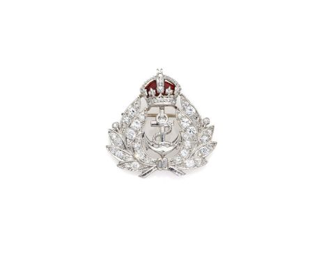 DIAMOND AND ENAMEL ROYAL THAMES YACHT CLUB BROOCH, 1930s designed with a central fouled anchor framed with cross laurel branc