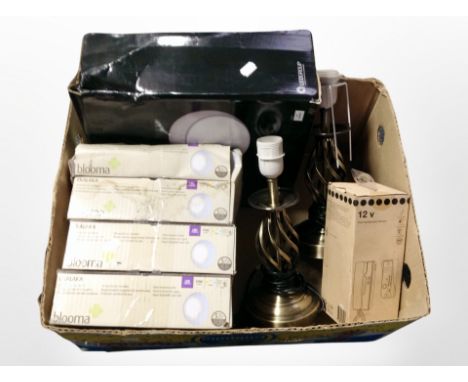 A box containing boxed LED waterproof spotlights, pair of contemporary metal lamp bases, intercom handset, etc.