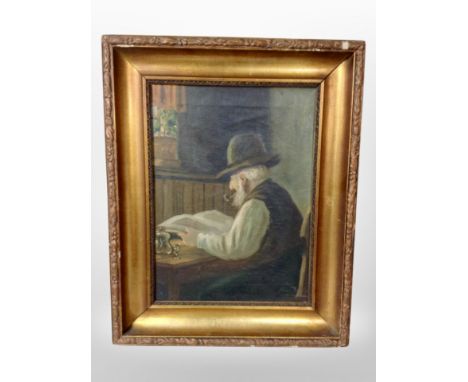 Danish school (20th century) : A man reading whilst smoking a pipe, oil on canvas, 37cm x 27cm, indistinctly signed.