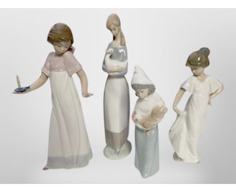 Three Nao figures of girls, and a similar Lladro figure, tallest 27cm.