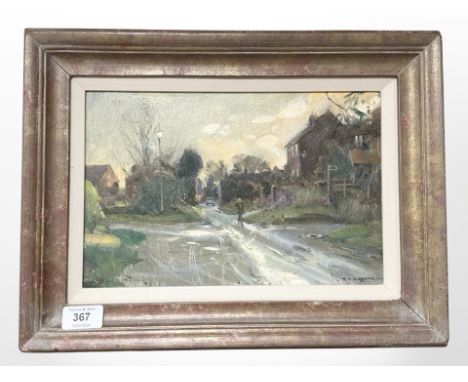 D J Curtis : Midwinter light, Harwell, oil on board, 30 cm x 19 cm