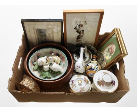 A box containing large turned wooden fruit bowl, a butterfly wing picture, pair of 19th century hand-coloured engravings, Roy