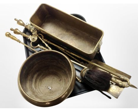 A 19th century brass twin-handled rectangular planter, together with a companion set and a jardiniere.