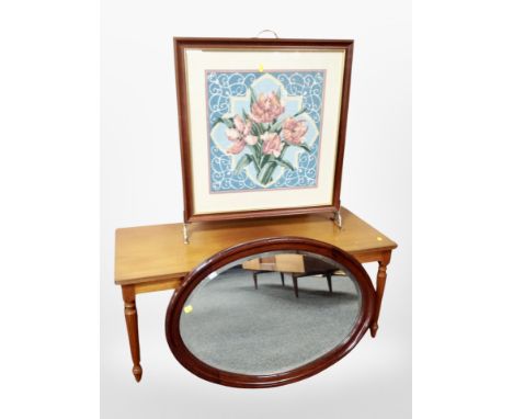 A reproduction rectangular coffee table, length 102 cm and a embriored fire screen and an oval mirror 