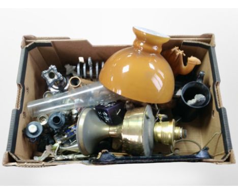 A box containing brass oil lamp with chimney and opaque orange glass shade, together with assorted silver-plated wares includ