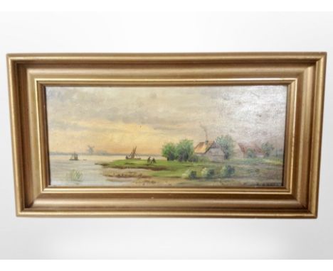 M Ammell : Homesteads on a Dutch coastline, oil on board, 30cm x 13cm.