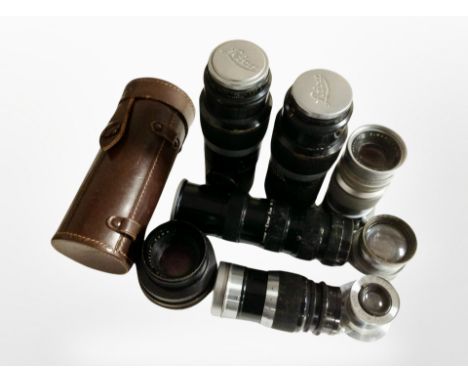 A group of camera lenses to include Leica Hektor F = 13.5cm lens No. 486777, Leica Hektor F = 13.5cm lens No. 655565, Ernst L