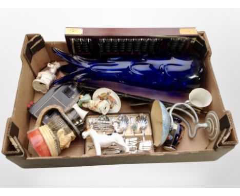 A box of collectables including abacus, Japanese Satsuma vase, horse brasses, art glass vase, cutlery, Royal Doulton figure o