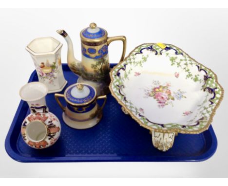 A group of ceramics including Royal Crown Derby, floral-painted pedestal bowl (as found), Noritake teapot and twin-handled su