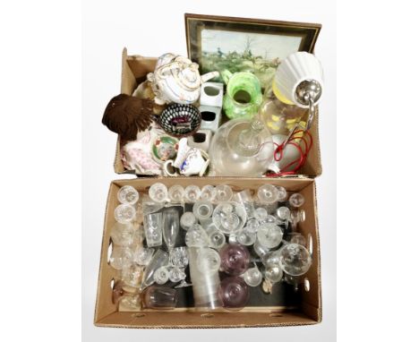Two boxes of 20th century crystal drinking glasses, ceramics, lamp base, Maling lustre jug, hunting print.