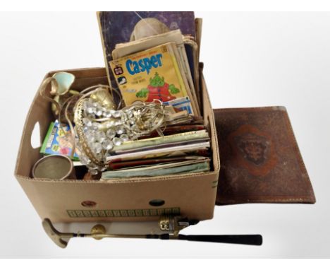 A box containing brass and crystal pendant light fitting, ceramics, children's books, etc.