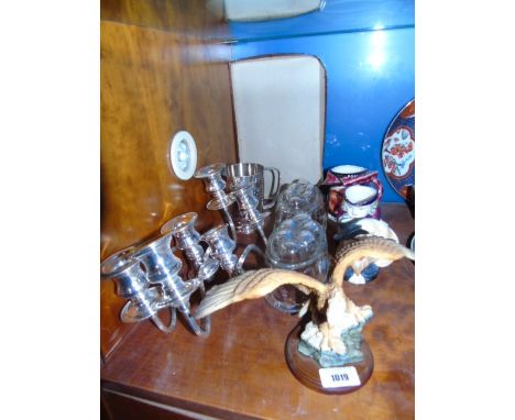Two Glass Culinary Moulds, a Pair of Silver Plate Three Branch Candlestick Tops, Three Toby/Character Jugs, etc.  