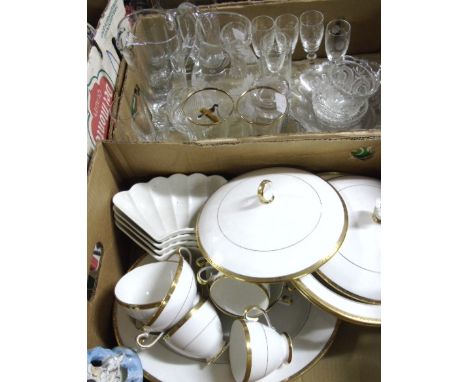 A Ridgway Clarendon Pattern Part Dinner Service comprising a pair of lidded tureens, an oval serving platter, four consommé b