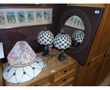 A Pair Of Tiffany Style Table Lamps, along with a ceiling light shade and a brown leather effect mirror approx 2 ft sq (4). €