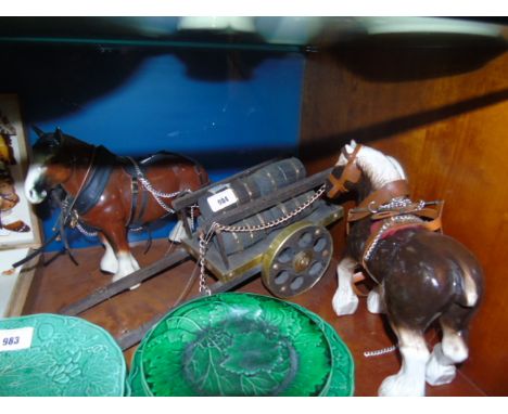 Two Ceramic Work Horses, and a single dray cart with barrels.  €40-60