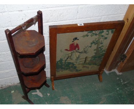 Proceeds to Charity: A Cake Stand and an Oak Framed Firescreen, the panel with hunting scene woolwork (2).