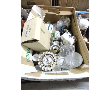 A Box of China and Ceramics to include Tuscan for Wedgwood coffee cans and saucers, wade sherry barrel etc.